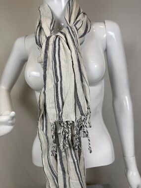 Aerie Cream and Navy Striped Lightweight Fringe Scarf.